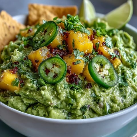 Vibrant Easy Cinco de Mayo Guacamole with mango and jalapeño, perfect for festive gatherings.