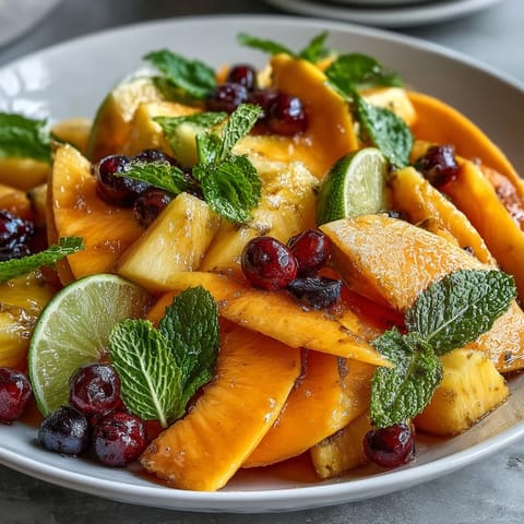 Vibrant tropical fruit platter with ripe mango, pineapple, and assorted colorful fruits, perfect for summer parties or brunch.