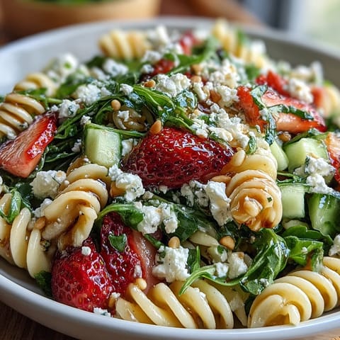 Spring Pasta Salad with Strawberries, Feta, and Arugula, a colorful vegetarian dish with fresh strawberries and peppery arugula.  