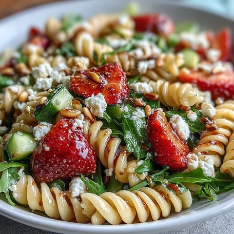 Bright and refreshing Spring Pasta Salad with Strawberries, Feta, and Arugula, tossed in balsamic dressing and topped with basil.  