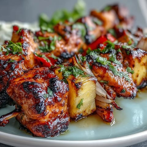 Grilled Pineapple Chicken Skewers with juicy chicken and sweet pineapple chunks, perfect for summer BBQs and tropical flavors.