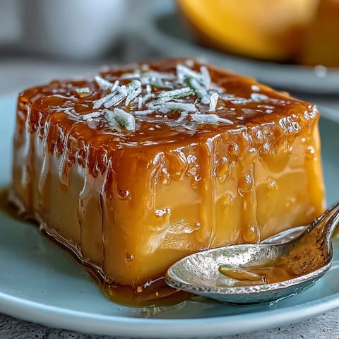 Close-up of shimmering Mango Agar-Agar Jelly Cubes with creamy coconut milk.