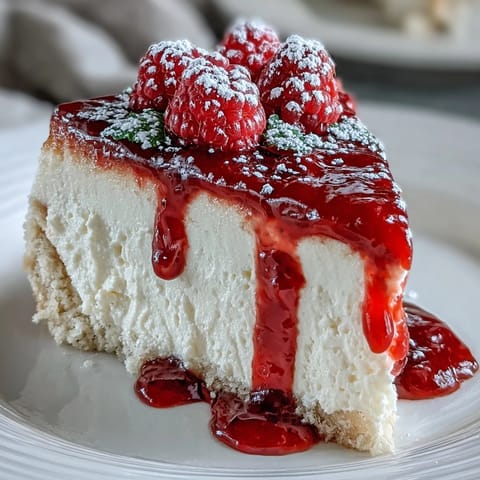 Creamy Mother's Day No-Bake Cheesecake topped with bright, fresh raspberry coulis.