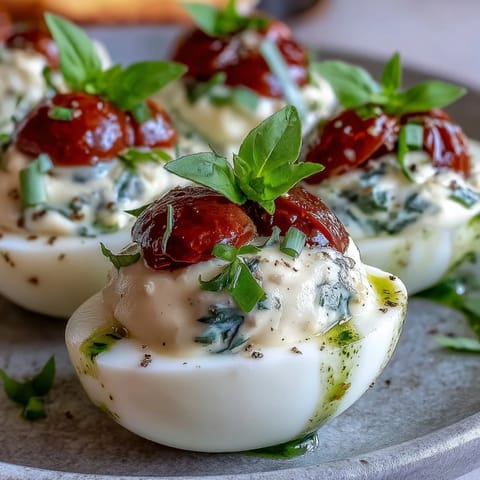 Vibrant Caprese Deviled Eggs, a flavorful Italian-inspired appetizer, ready to serve.