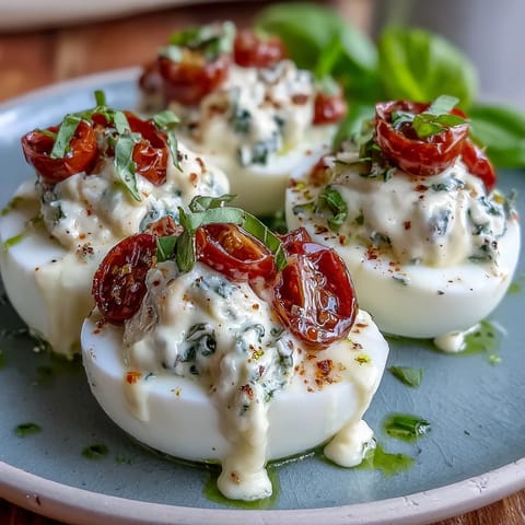 Caprese Deviled Eggs topped with basil oil, tomatoes, and mozzarella.