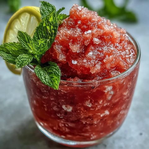 Frozen Watermelon Lemonade Slushie: A frosty pink drink with mint garnish.