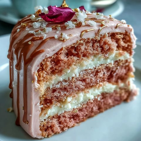 Elegant pink Bridal Shower Rosé Velvet Cake with shimmering gold drip.