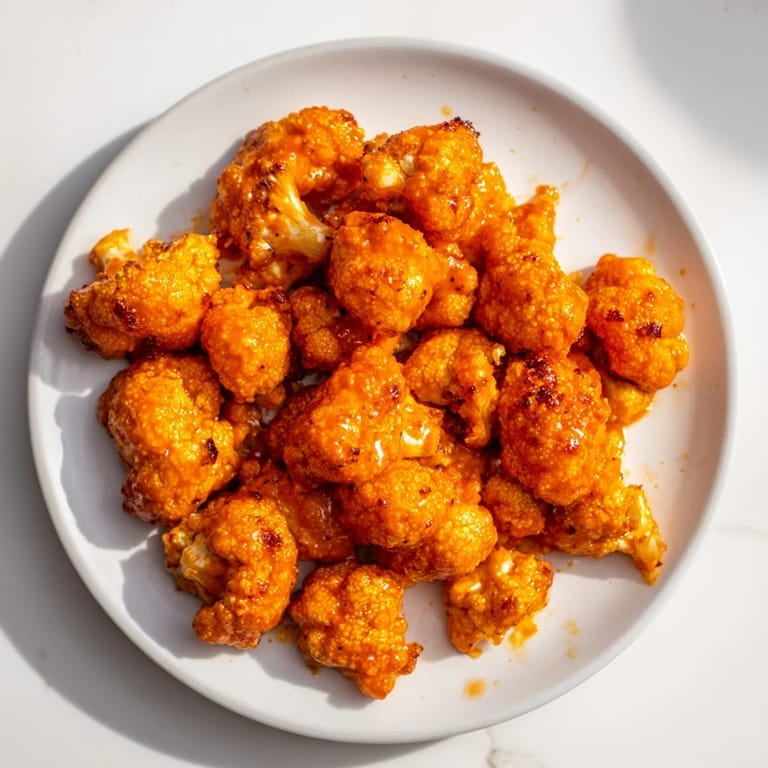 Buffalo Cauliflower Wings tossed in a sweet and spicy sauce, paired with carrot sticks and ranch dressing on the side.
