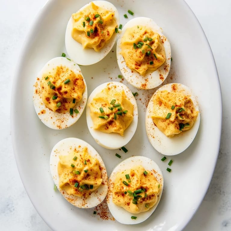 A close-up of creamy deviled eggs showing the smooth yolk filling in halved egg whites on a marble counter.