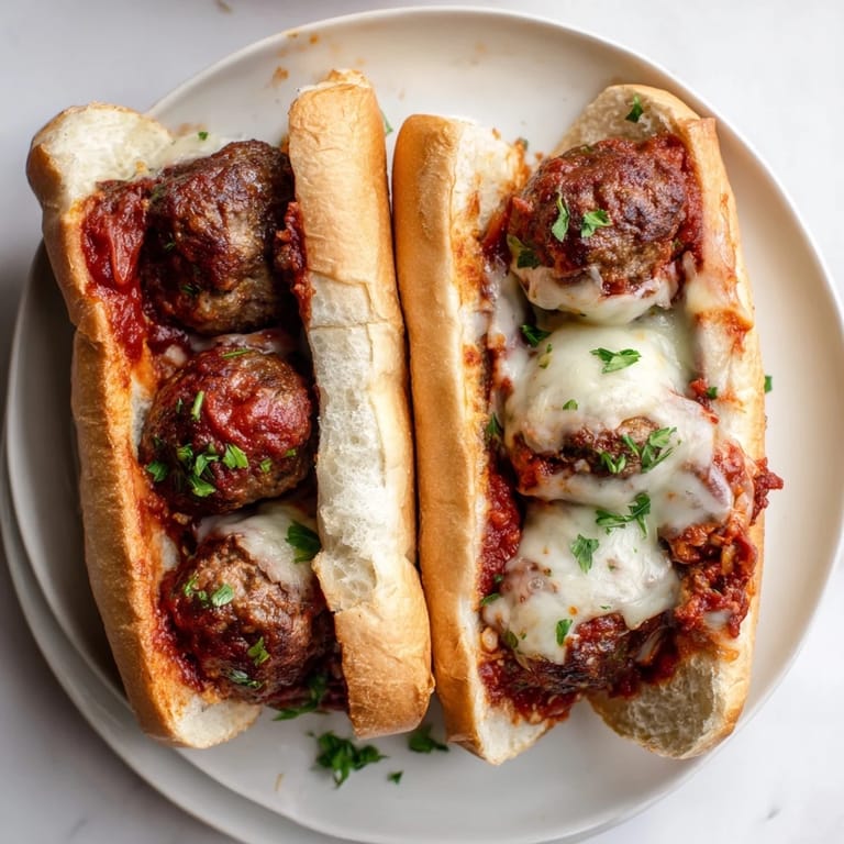 Gooey provolone melts over a loaded Meatball Sub, garnished with fresh basil on a wooden serving board.