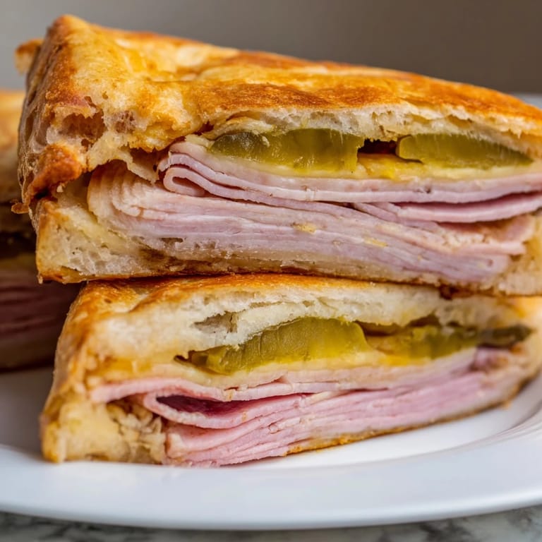 Diagonally sliced Cuban sandwich revealing roast pork, ham, Swiss, and pickles, served with plantain chips.