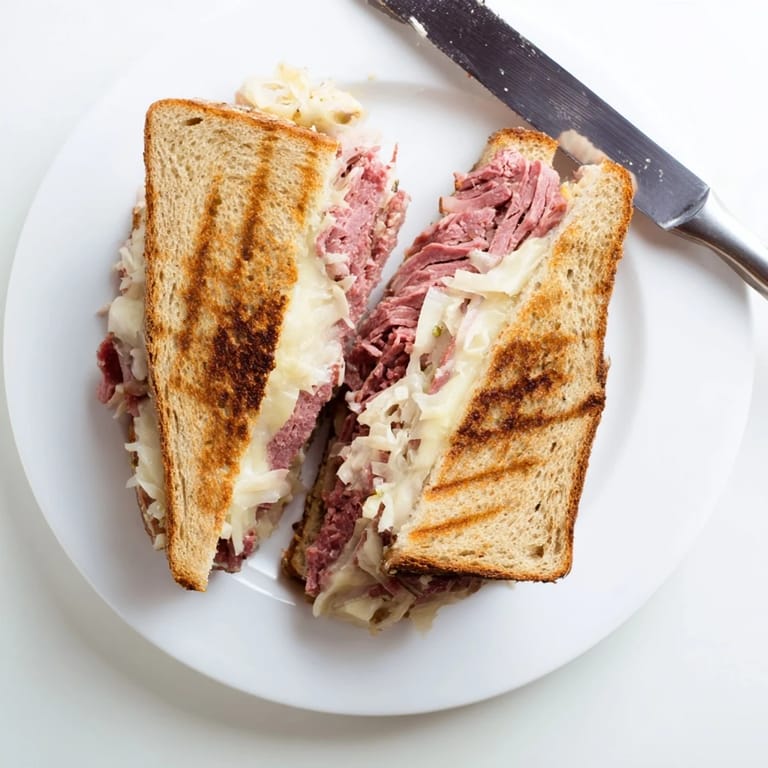 Perfectly grilled Reuben sandwich cut in half, revealing savory corned beef, melted Swiss cheese, and warm sauerkraut filling.