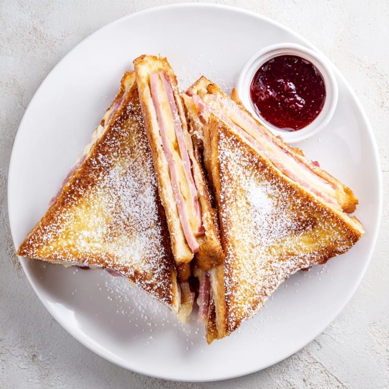 Monte Cristo sandwich halves on a rustic wooden board, raspberry preserves and a glass of milk beside the melty ham and Swiss filling. 