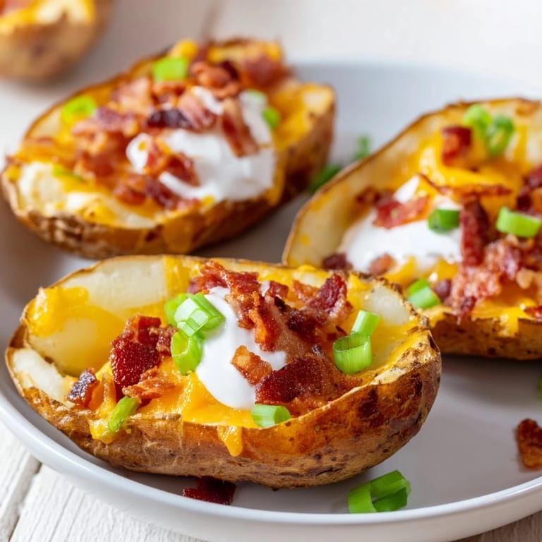Four crispy-baked Potato Skins filled with gooey cheddar and smoky bacon on a rustic wooden serving board.