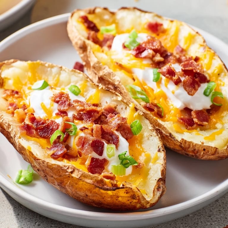 Sizzling Potato Skins topped with melted cheese, bacon, and scallions, served with a side of creamy ranch dip.