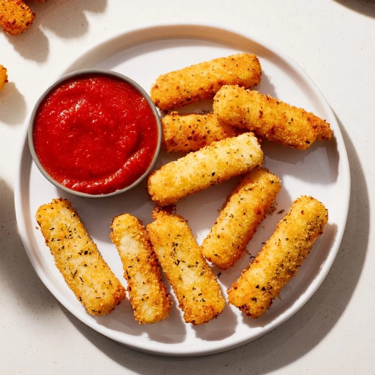 Homemade Mozzarella Sticks with crunchy panko breadcrumbs, arranged on a wooden board next to dipping sauce.