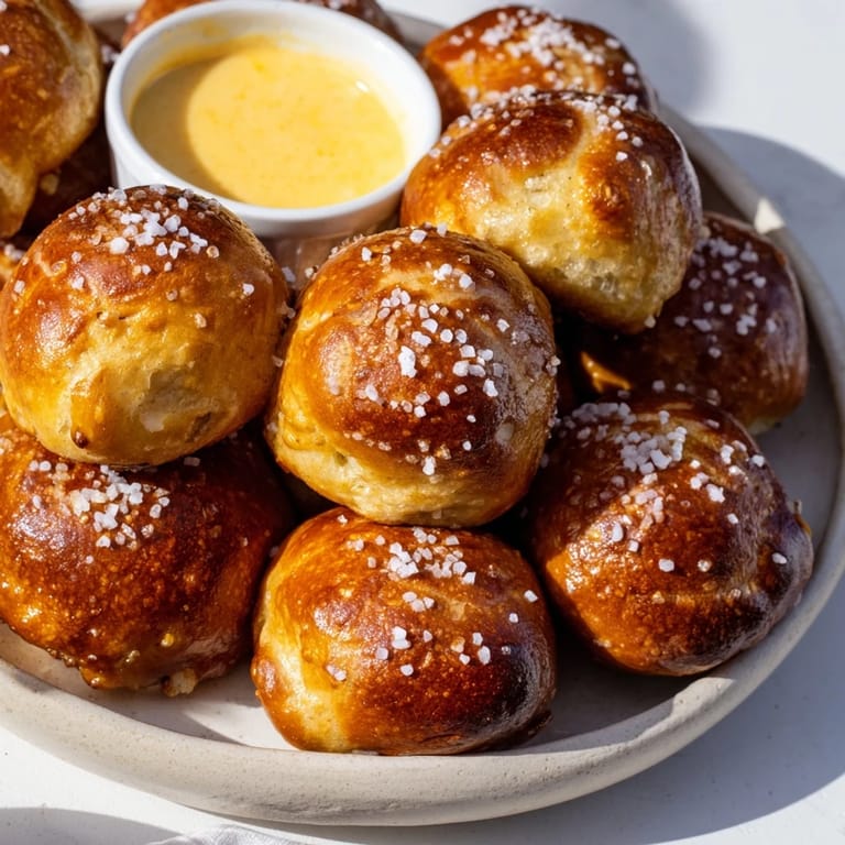 Freshly baked Pretzel Bites with Cheese Dip are arranged next to a creamy orange dipping sauce.