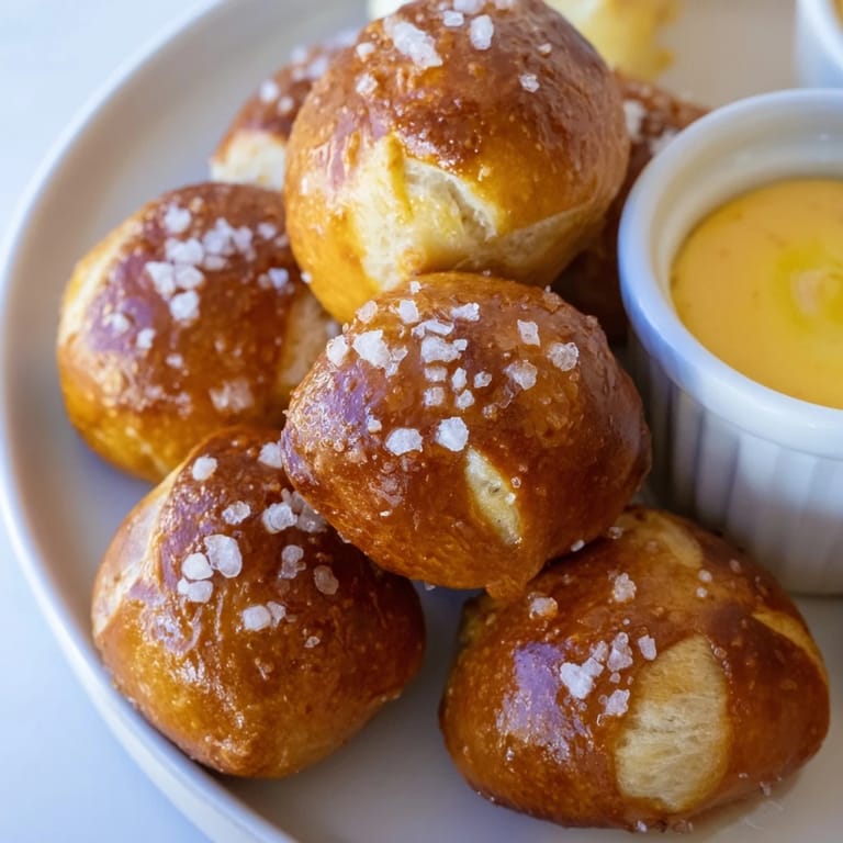 Warm Pretzel Bites with Cheese Dip are served on a platter, perfect for a party appetizer.