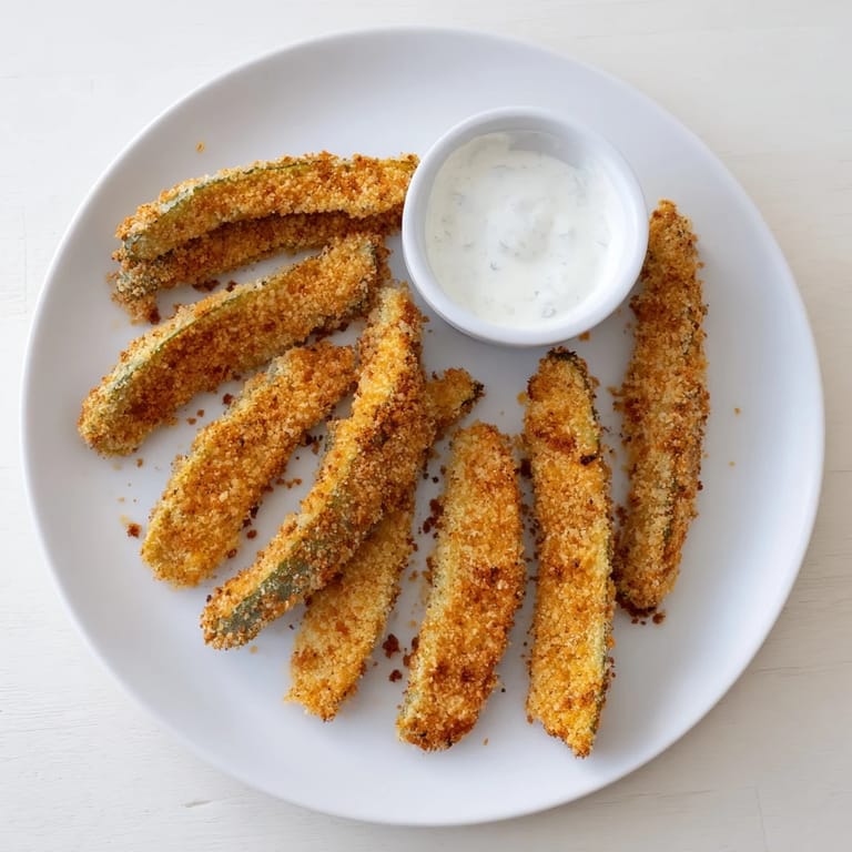 Golden crispy Fried Pickles served hot, garnished with parsley and paired with creamy ranch dressing on the side.