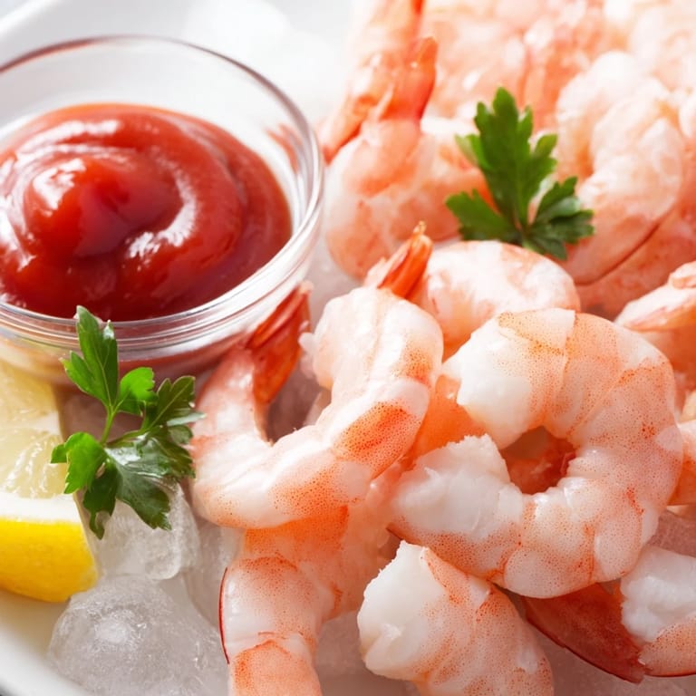 Homemade shrimp cocktail recipe with plump boiled shrimp, tangy red sauce, and fresh parsley garnish on a white plate.