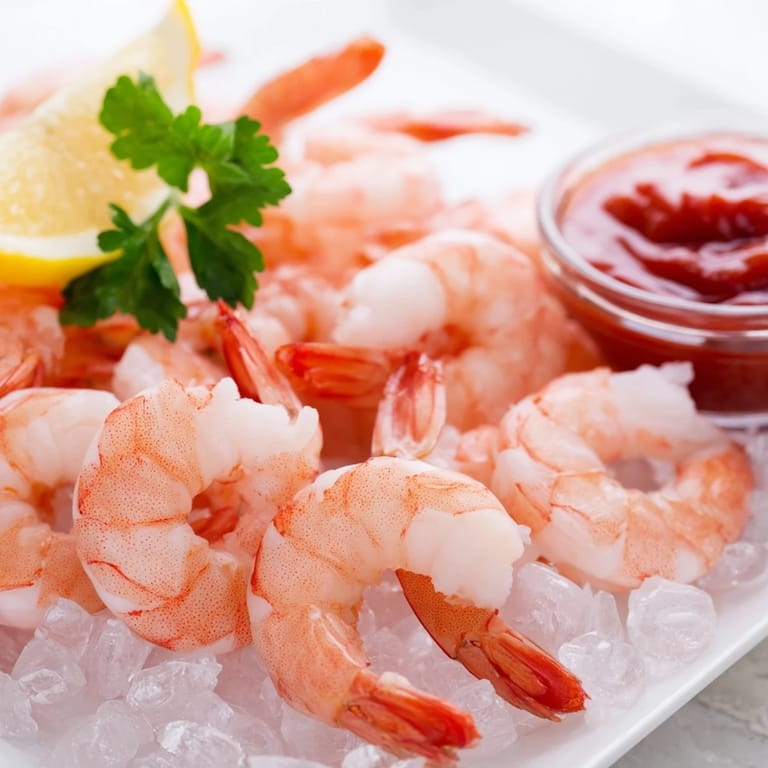 Classic American shrimp cocktail appetizer, served chilled with lemon wedges and a bold, horseradish-spiked cocktail sauce for dipping.