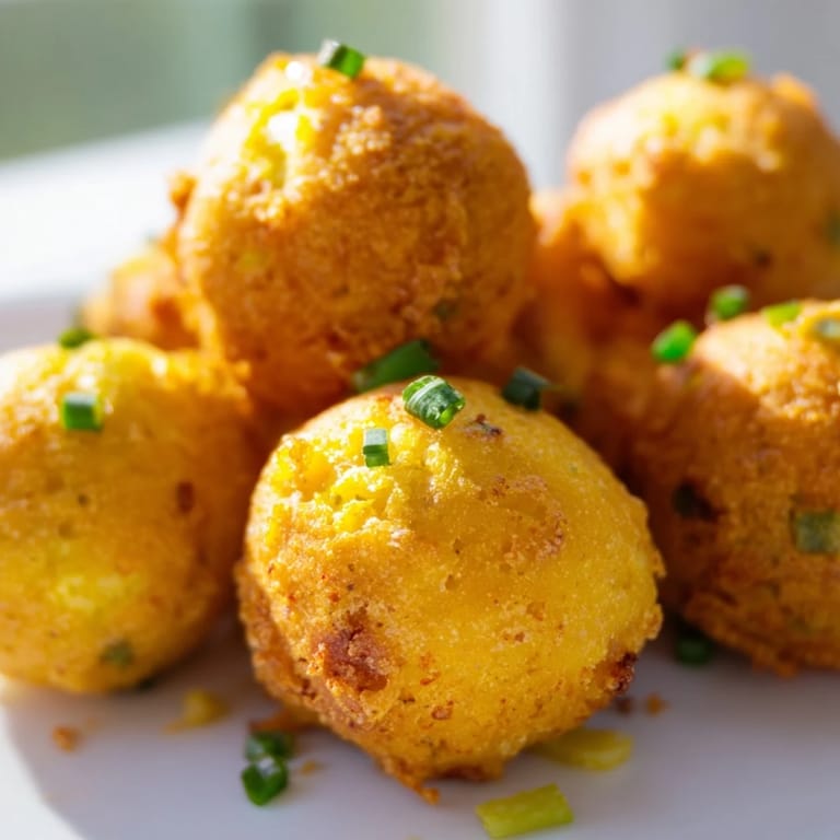 A close-up of golden-brown Hushpuppies with a crispy exterior, showcasing the tender, fluffy cornmeal texture inside.