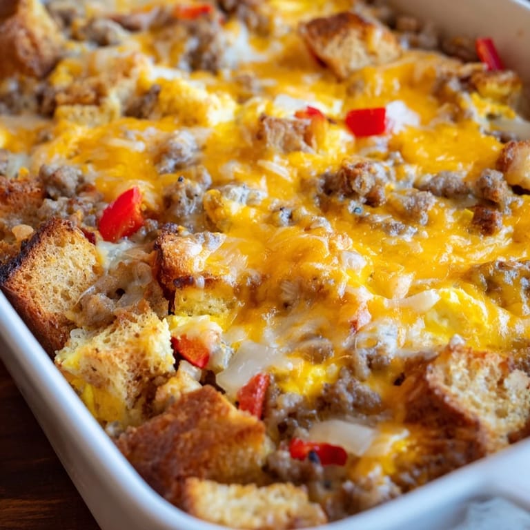 A close-up view of a hearty slice of Breakfast Sausage Casserole, topped with bubbling cheddar and mozzarella cheese. 