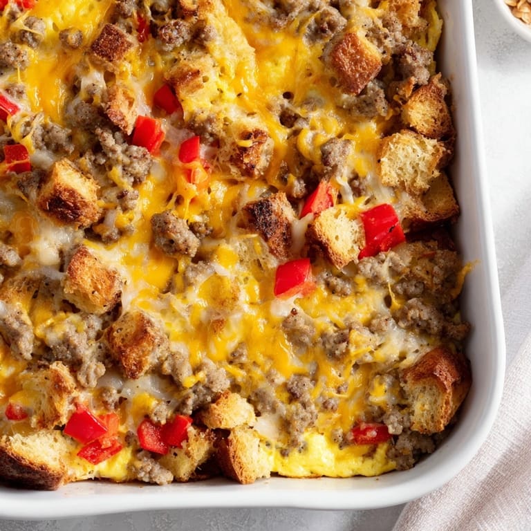 Sliced Breakfast Sausage Casserole served hot on a plate, garnished with fresh parsley and a side of salsa.