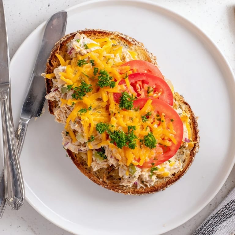 Enjoy this warm Tuna Melt with a crisp dill pickle spear and a side salad.