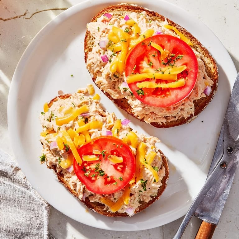 A close-up of a bubbling, open-faced Tuna Melt with juicy tomato slices and fresh parsley.
