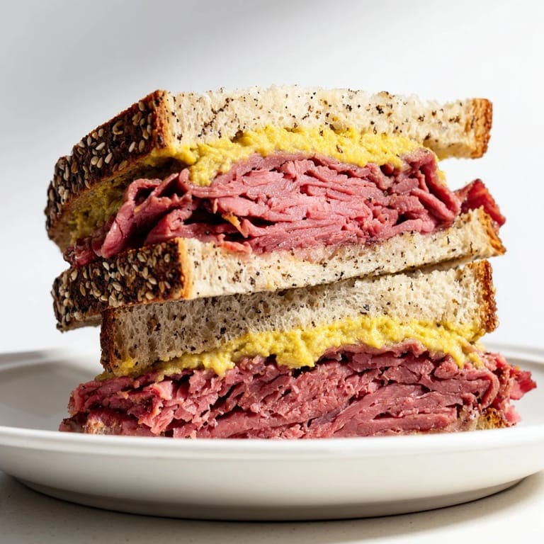 A freshly made Pastrami on Rye cut in half, showcasing the layers of meat on caraway seed rye bread.
