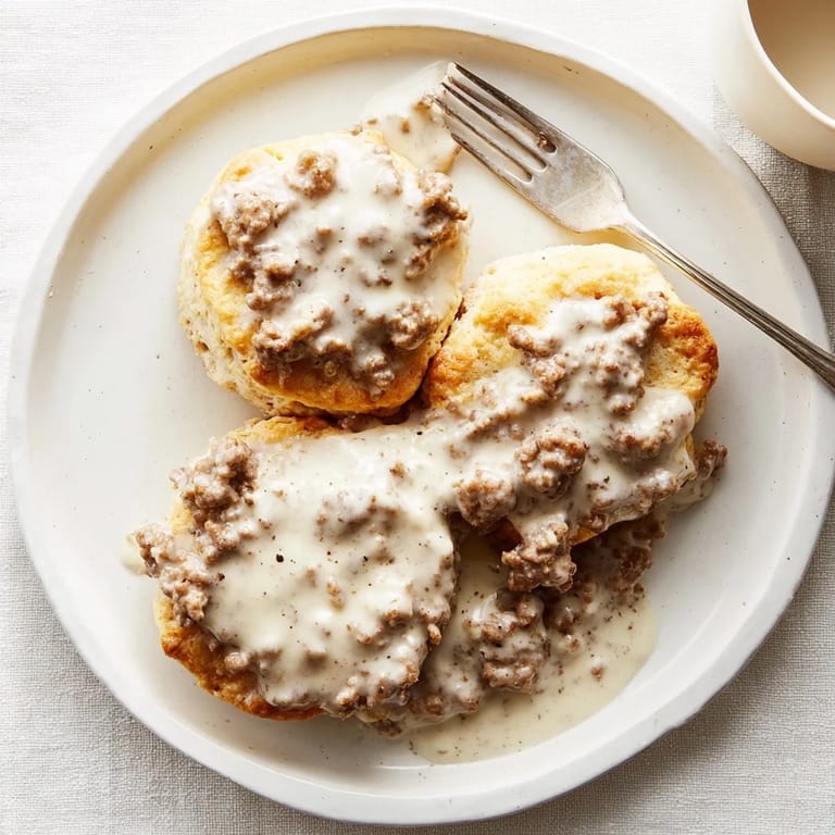 Flaky, buttery biscuits get a generous ladle of rich, peppery sausage gravy, perfect for brunch.