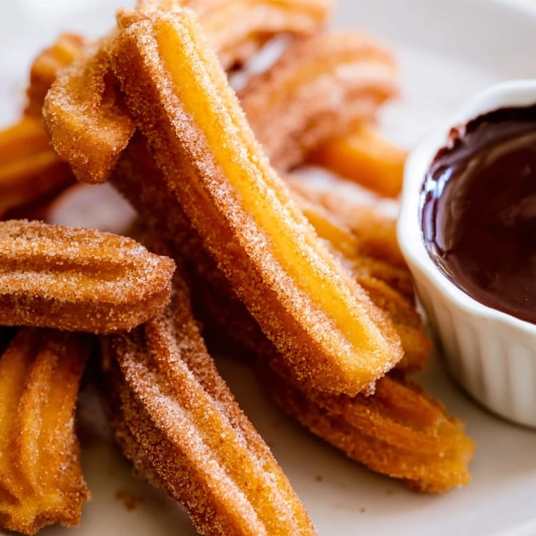 A close-up of a split churro reveals its soft, fluffy interior, with a cup of dark chocolate sauce waiting nearby.
