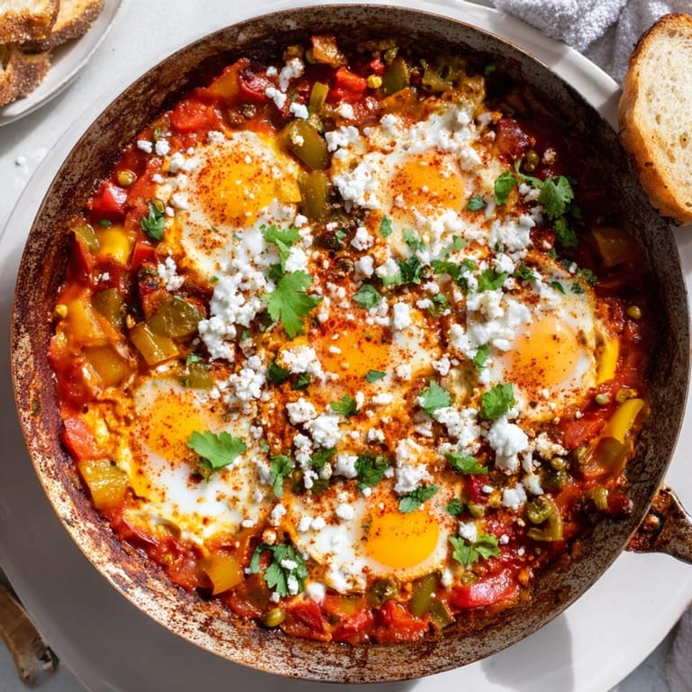 Comforting Shakshuka, a bubbling skillet of eggs, tomatoes, and fresh herbs.