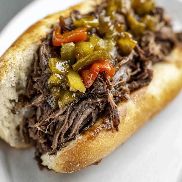 Tender slow-cooked beef for a classic Italian Beef Sandwich, soaked in savory au jus and layered with spicy giardiniera.
