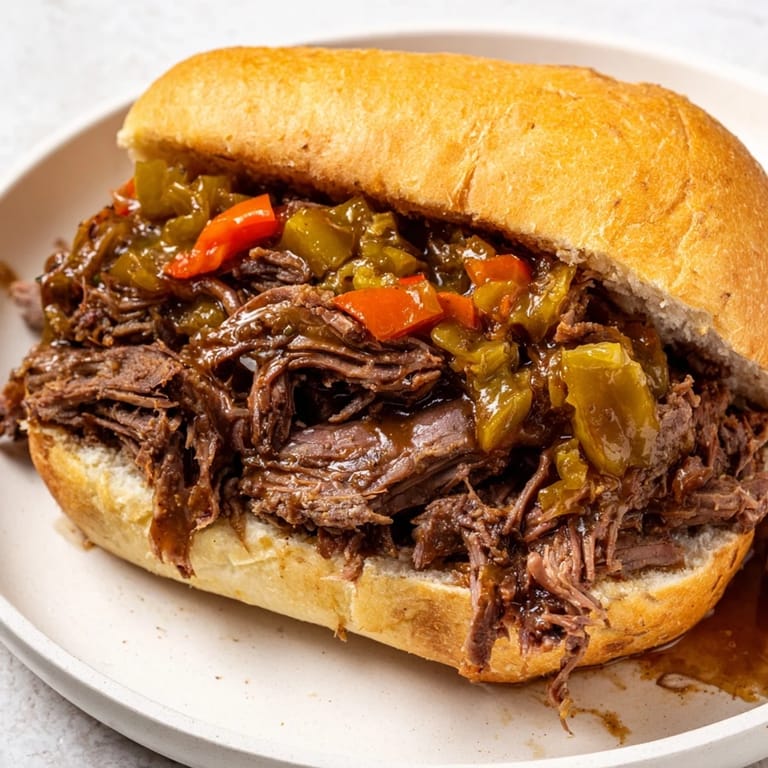 Golden toasted hoagie roll stuffed with an Italian Beef Sandwich, featuring shredded meat, pickled vegetables, and extra jus for dipping.