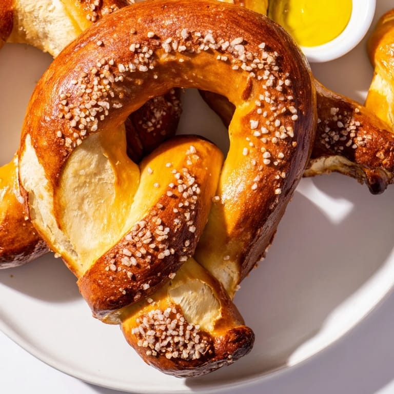 Warm Soft Pretzels on a cooling rack, featuring a chewy interior and crisp, golden-brown exterior.