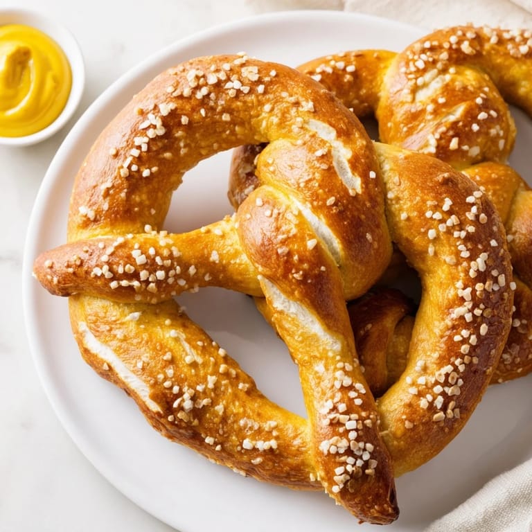 Homemade Soft Pretzels with a baking soda crust, paired with tangy yellow mustard on a rustic table.