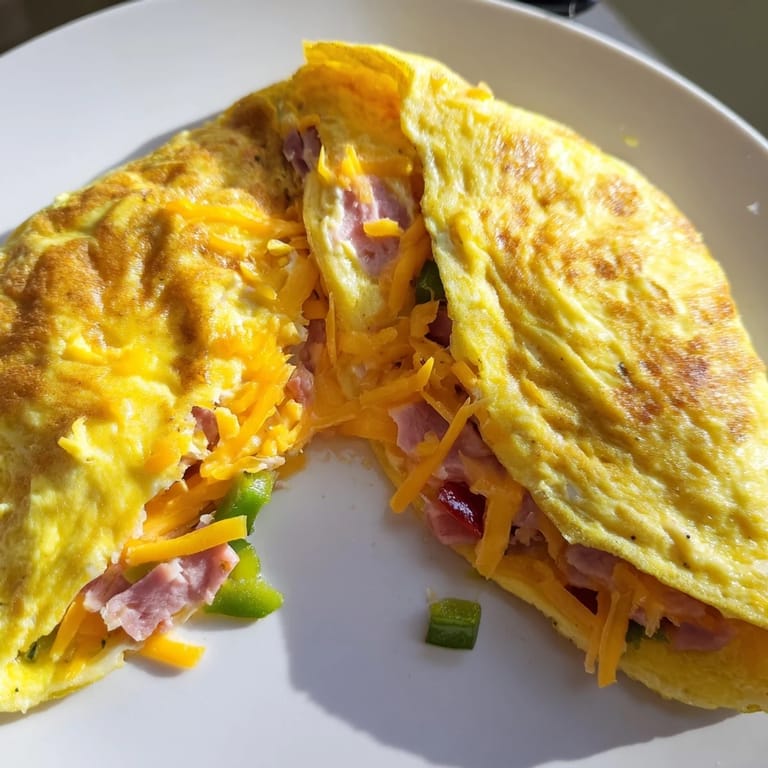 Savory Denver omelet folded with fresh vegetables and gooey cheese, ready to enjoy.