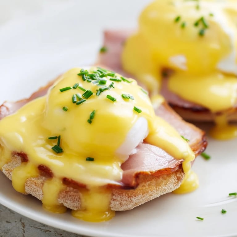 Rich Eggs Benedict, a savory English muffin topped with creamy sauce.