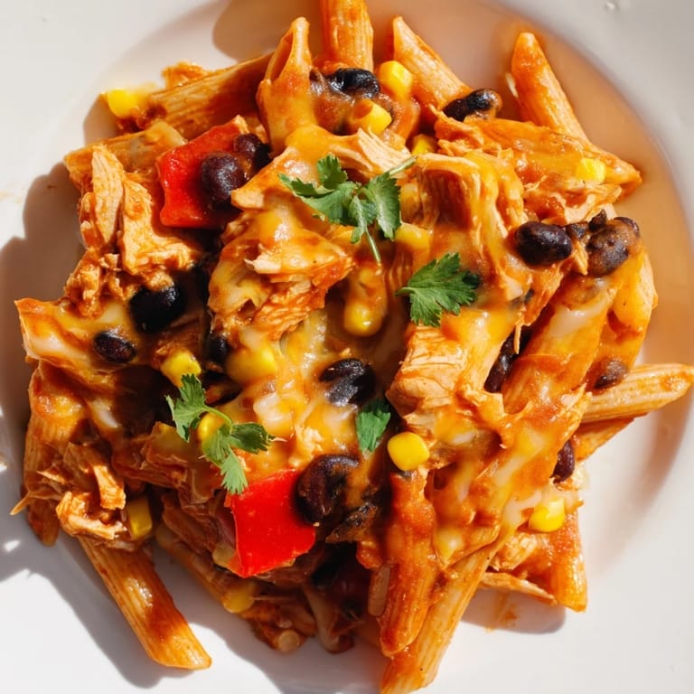 A skillet of Chicken Enchilada Pasta topped with avocado and green onions, a quick weeknight Tex-Mex dinner.  