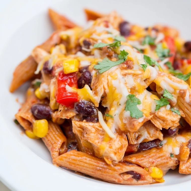 Steaming Chicken Enchilada Pasta with black beans, corn, and red sauce in a ceramic baking dish.