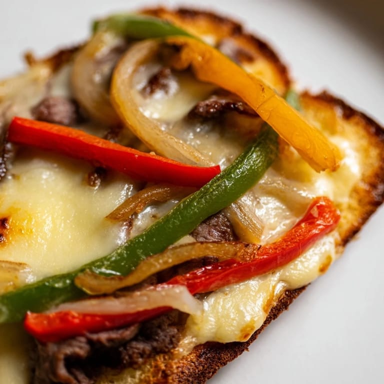 A close-up of a Philly Cheesesteak Grilled Cheese showing juicy fillings and crispy, golden crust.