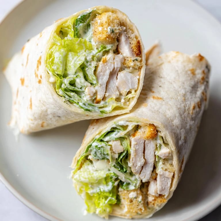 Freshly made Caesar Chicken Salad Wrap served in a bright kitchen, perfect for an easy weeknight dinner.