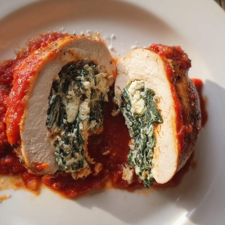Juicy stuffed chicken breasts served over a bed of pasta, drizzled with tomato sauce for a comforting Italian dinner.