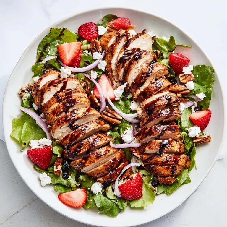 A vibrant salad platter drizzled with honey balsamic glaze, served with toasted nuts and red onion.