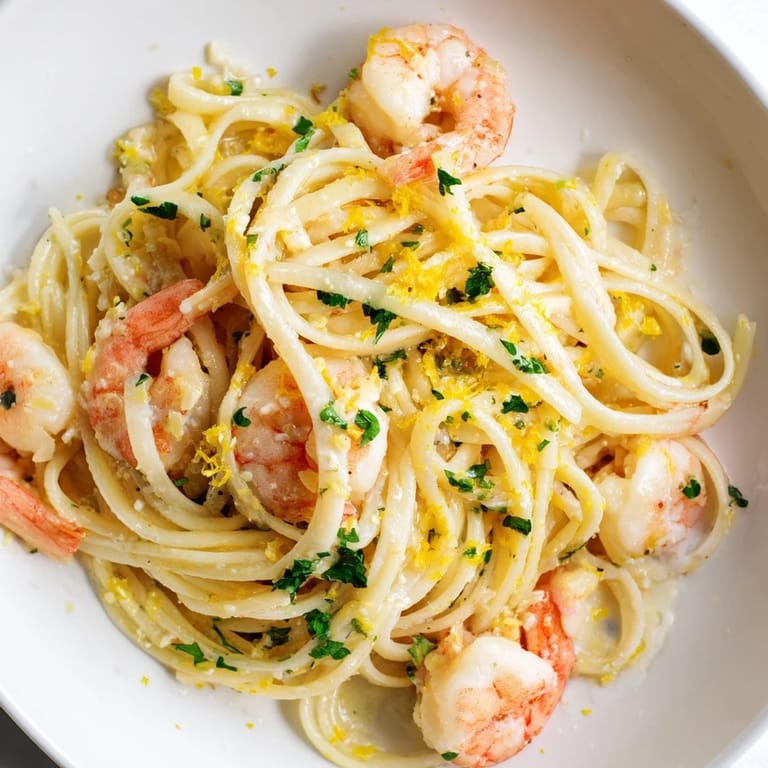 Ready-to-eat Garlic Butter Shrimp Linguine garnished with fresh parsley and grated Parmesan cheese.