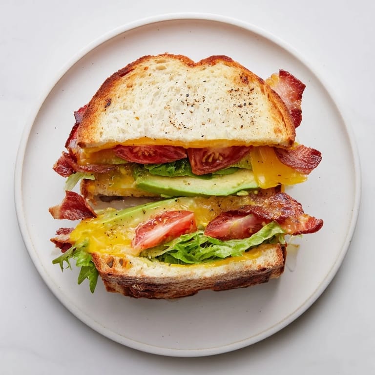 Thick-cut bacon and creamy avocado fill this Avocado BLT Grilled Cheese, with melted cheddar oozing between toasted bread halves.