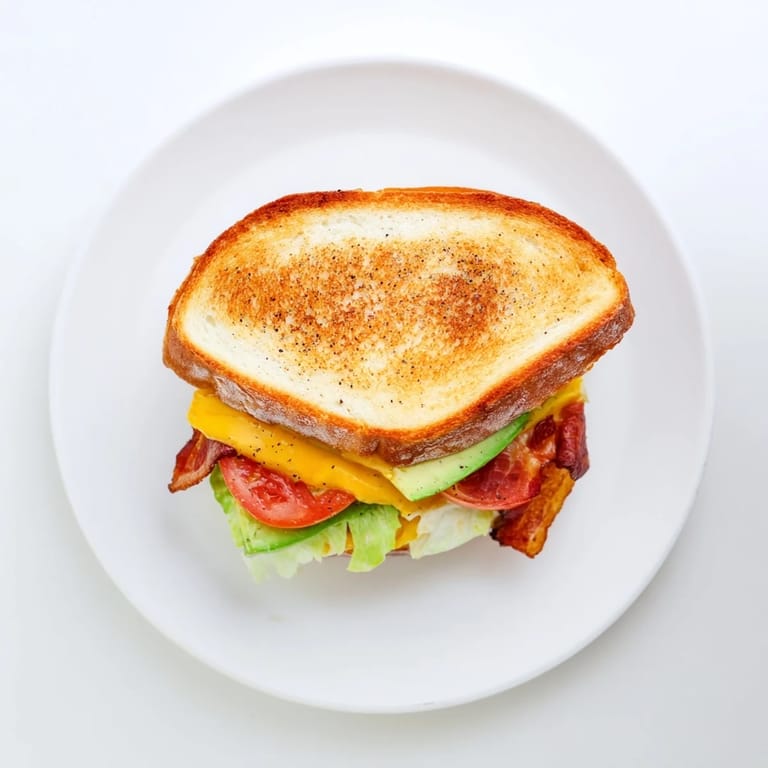Melted Monterey Jack cheese spills from the Avocado BLT Grilled Cheese as golden slices sit beside sliced ripe tomatoes.