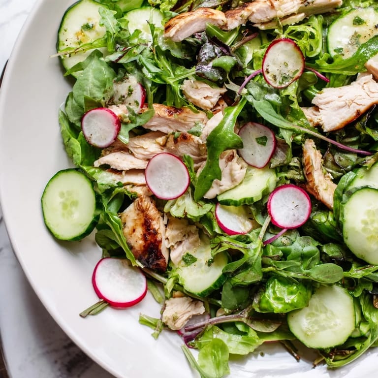 Close-up of Spring Detox Chicken Salad featuring tender grilled chicken, sliced avocado, and fresh spring vegetables on a bed of greens.